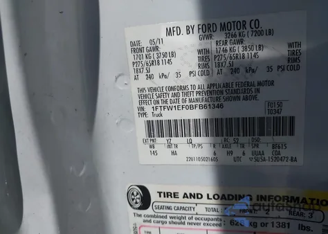 2011 Ford F-150 Lariat z USA, uszkodzony, nr VIN 1FTFW1EF0BFB61346